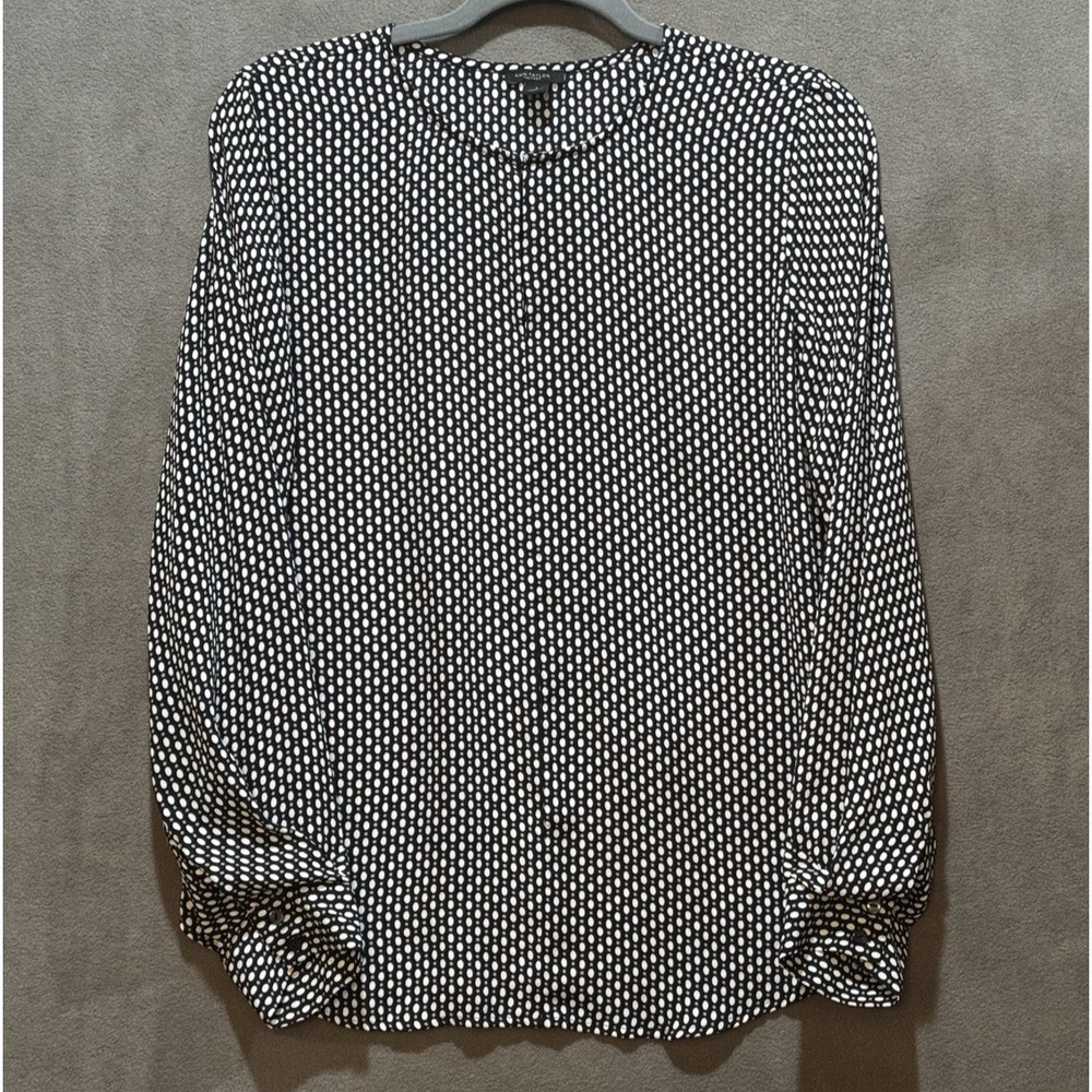 Women's Ann Taylor Blouse Small Black Tan Polka Dot Flowy Career Capsule Top
